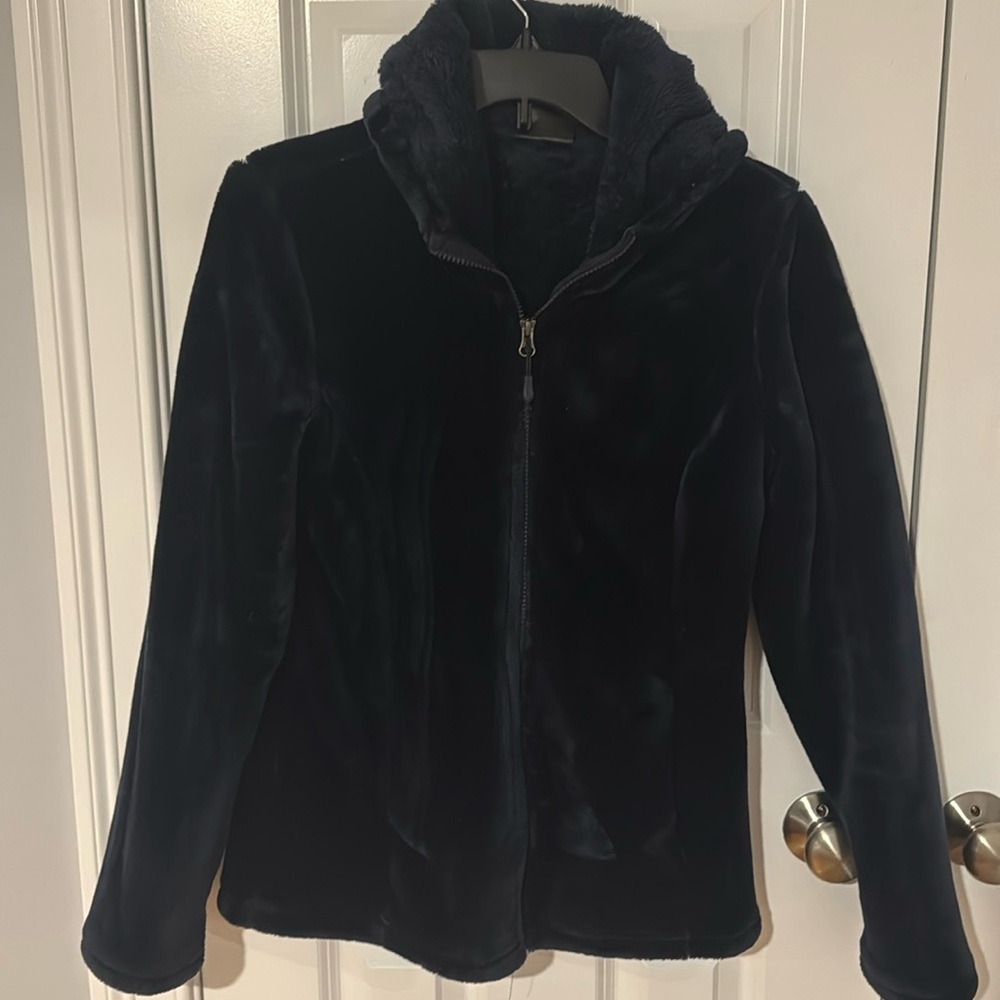 Navy Blue 32 Degree Faux Fur Jacket with Hood. Size small.